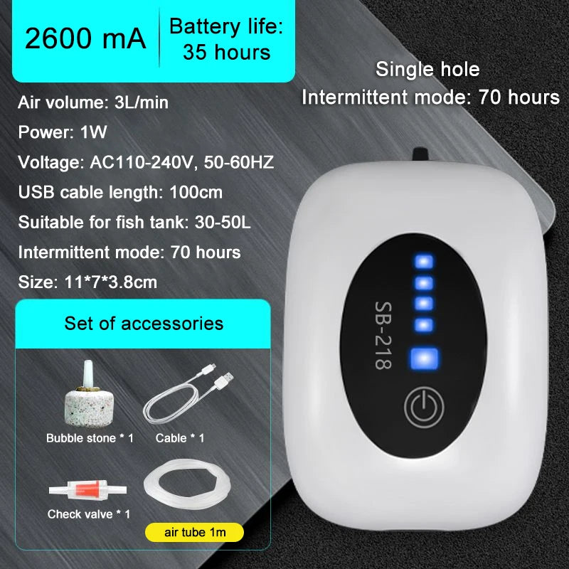 SOBO Aquarium Fish Tank Oxygen Air Pump Compressor Charging Silent USB with Battery Portable Fishing Oxygenator 6000mA Outdoor