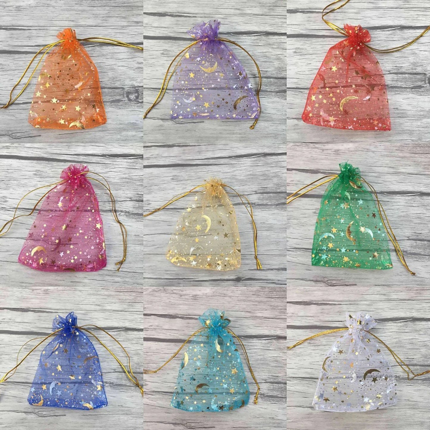 50PCS White Moon Stars Drawstring Organza Bags Jewelry Gift Bags Pouches Gold Star Organza Favor Pouches for Christmas Wedding
