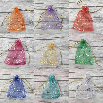 50PCS White Moon Stars Drawstring Organza Bags Jewelry Gift Bags Pouches Gold Star Organza Favor Pouches for Christmas Wedding