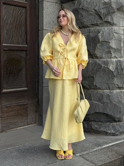 Bornladies 2025 Summer Women's 100% Cotton V-Neck Lace-Up Bubble Sleeve Shirt  Long Skirt Set Loose Casual Two-Piece Suit