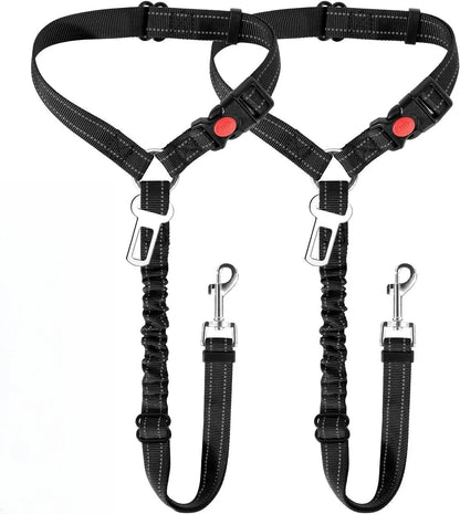 Dog Seat Belt for Car,Dog Car Harness Seatbelt Adjustable with Elastic Bungee Buffer, 2in1 Pet Leash Restraint Dog Safety Tether