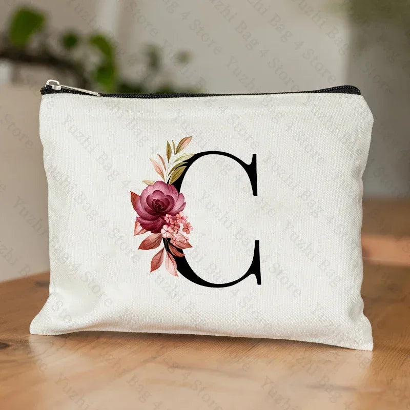 26 Letters Flower Makeup Bag Printed Bridesmaid Wedding Gift Graduation Teacher's Day Gift Storage Bag Travel perfume Side Bag