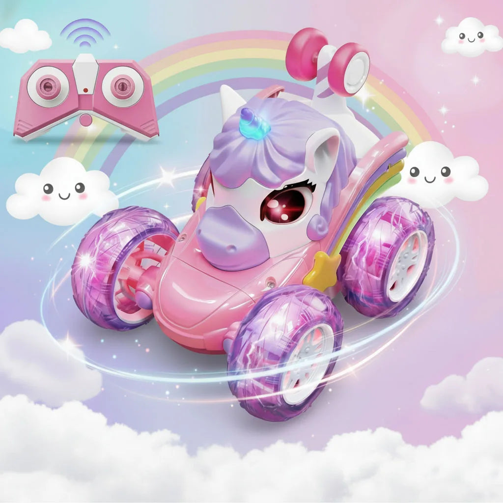 2.4G Lighting unicorn Remote Control Stunt Dump Truck Chase Light Twist Change Car Drift Dancing Toy Car, Children's New Year Bi