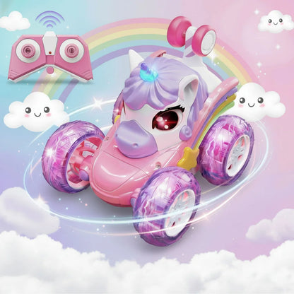 2.4G Lighting unicorn Remote Control Stunt Dump Truck Chase Light Twist Change Car Drift Dancing Toy Car, Children's New Year Bi