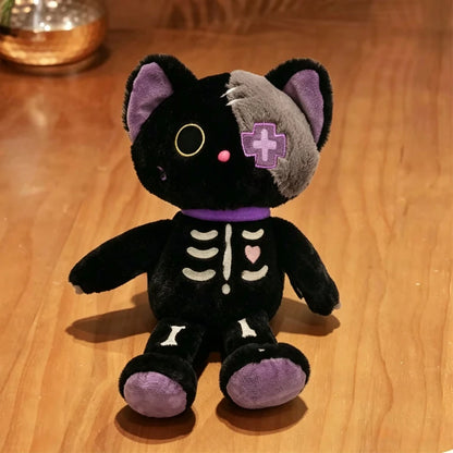 35cm Kawaii Black Serie Skeleton Cat Soft Plush Toy Creative Stuffed Animal Fluffly Gothic Skull Kitten for Kids Halloween Gifts
