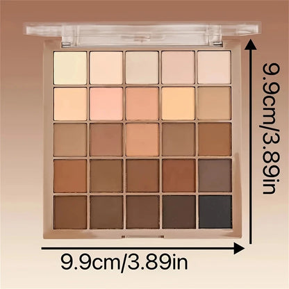 25-color eyeshadow palette - neutral gray and brown earth tones, coffee and chocolate shades, creating versatile, natural to dramatic makeup looks