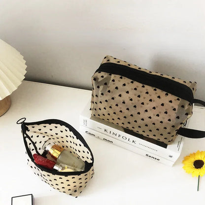 Nylon Mesh Cosmetic Bag Zipper Heart Shaped Toiletry Organizer Makeup Bags Multifunctional Women Lipstick Key Coin Purse Pouch