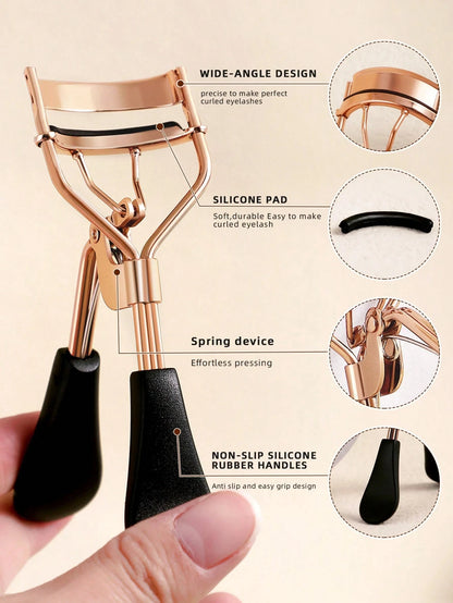 1PC Eyelash Curler and 15 Silicone Pads, Portable Stainless Steel Gold Eyelash Curler,Curling & Shaping,Not Hurting