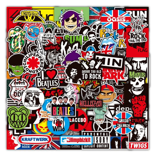 100 Rock And Roll Music Band Stickers Punk Graffiti Stickers For Laptop Guitar Helmet Luggage Decal Golden Memory Stickers Store