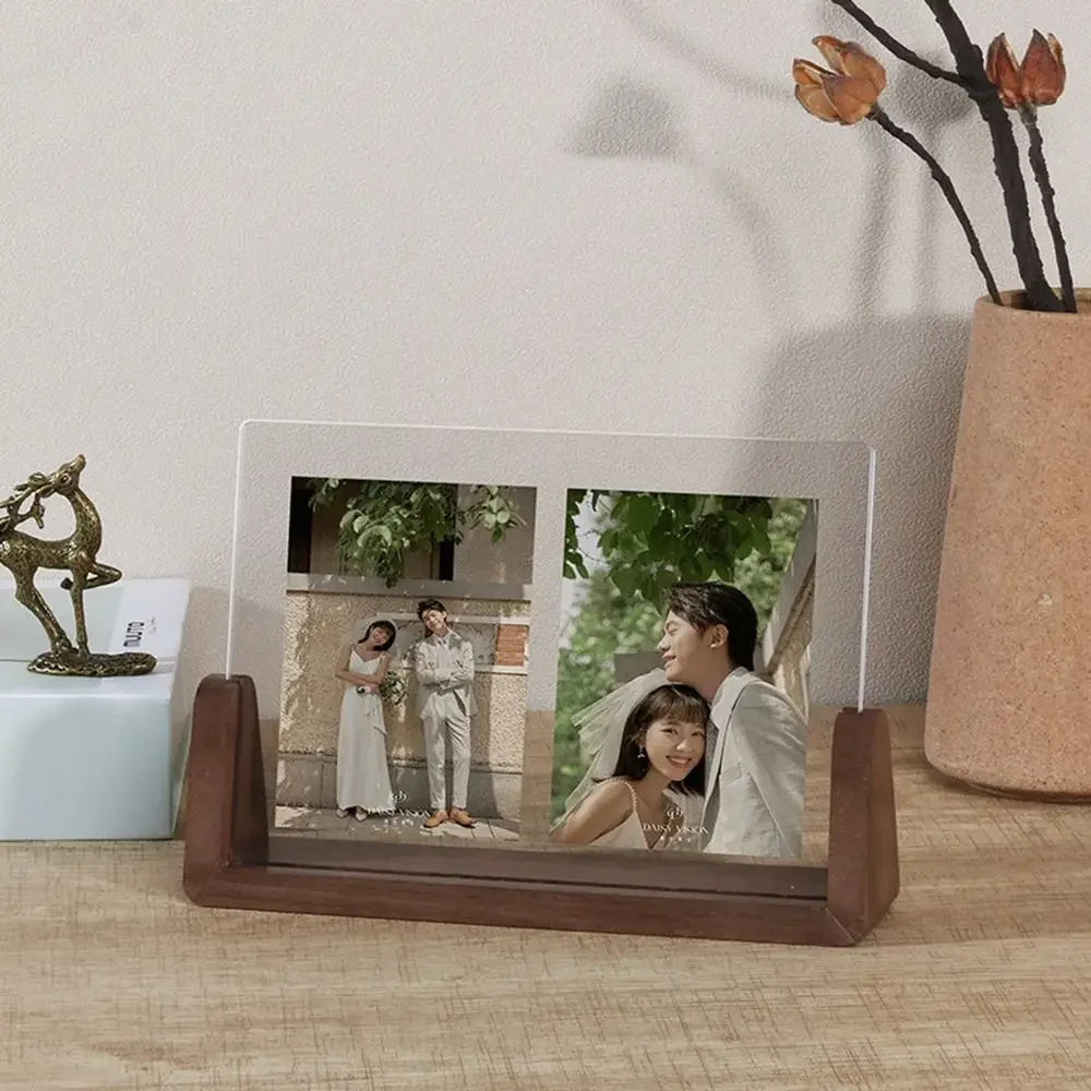 Walnut/Beech Creative Photo Frame Acrylic U Shape Transparent Frame Desktop Wood Wedding Pictures Frame Office Decor