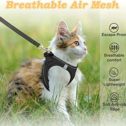 Reflective Cat Harness and Leash Set, Soft Mesh Vest, Polyester, Hand Wash Only, Escape-Proof Design, Safe Outdoor Walking, Suitable for Kittens, S/M Sizes Available