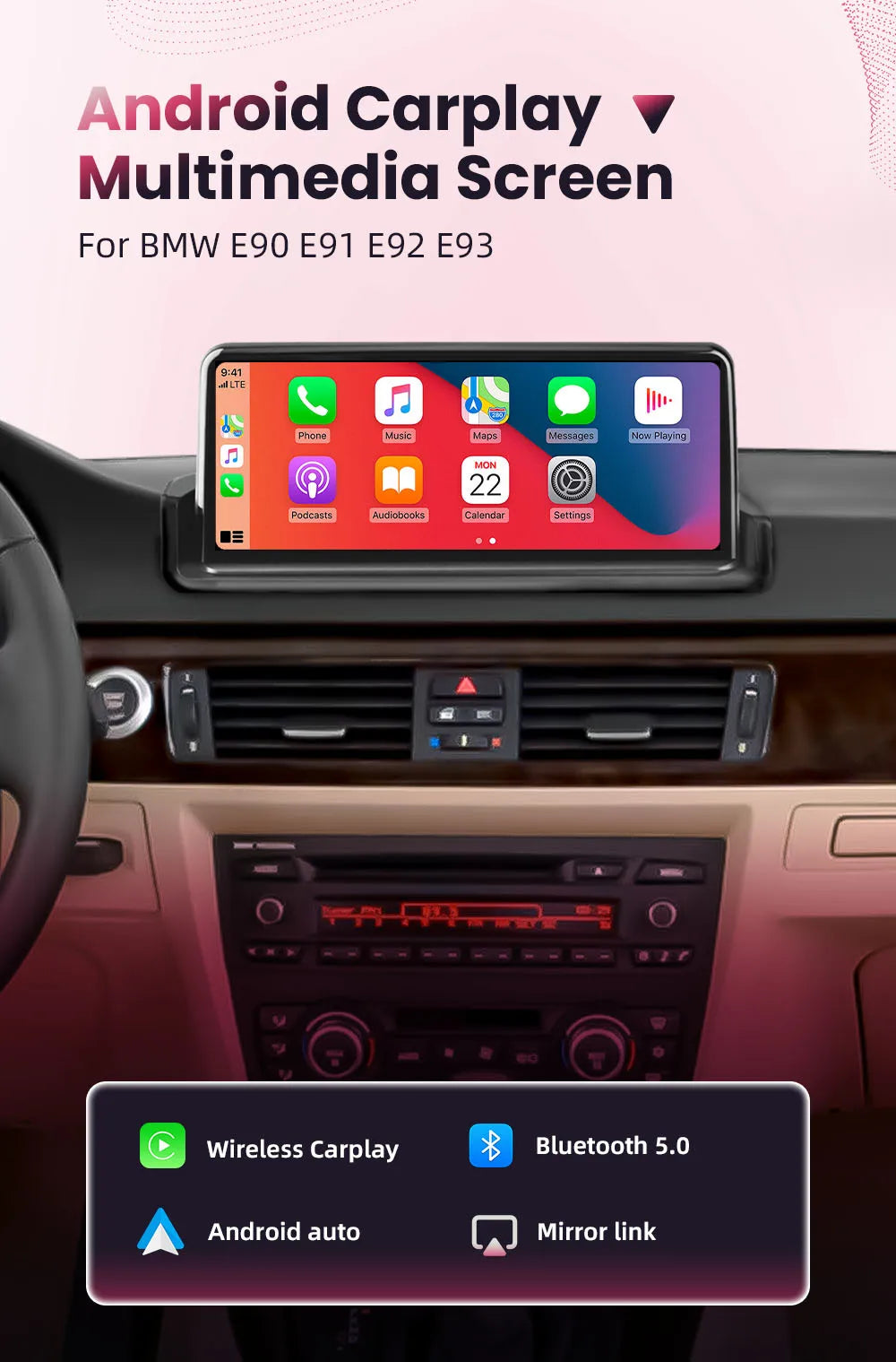 BONROAD Wireless Carplay Android auto Multimedia Player Car Radio For BMW 3 Series E90 E91 E92 E93 Touch Screen With Bluetooth