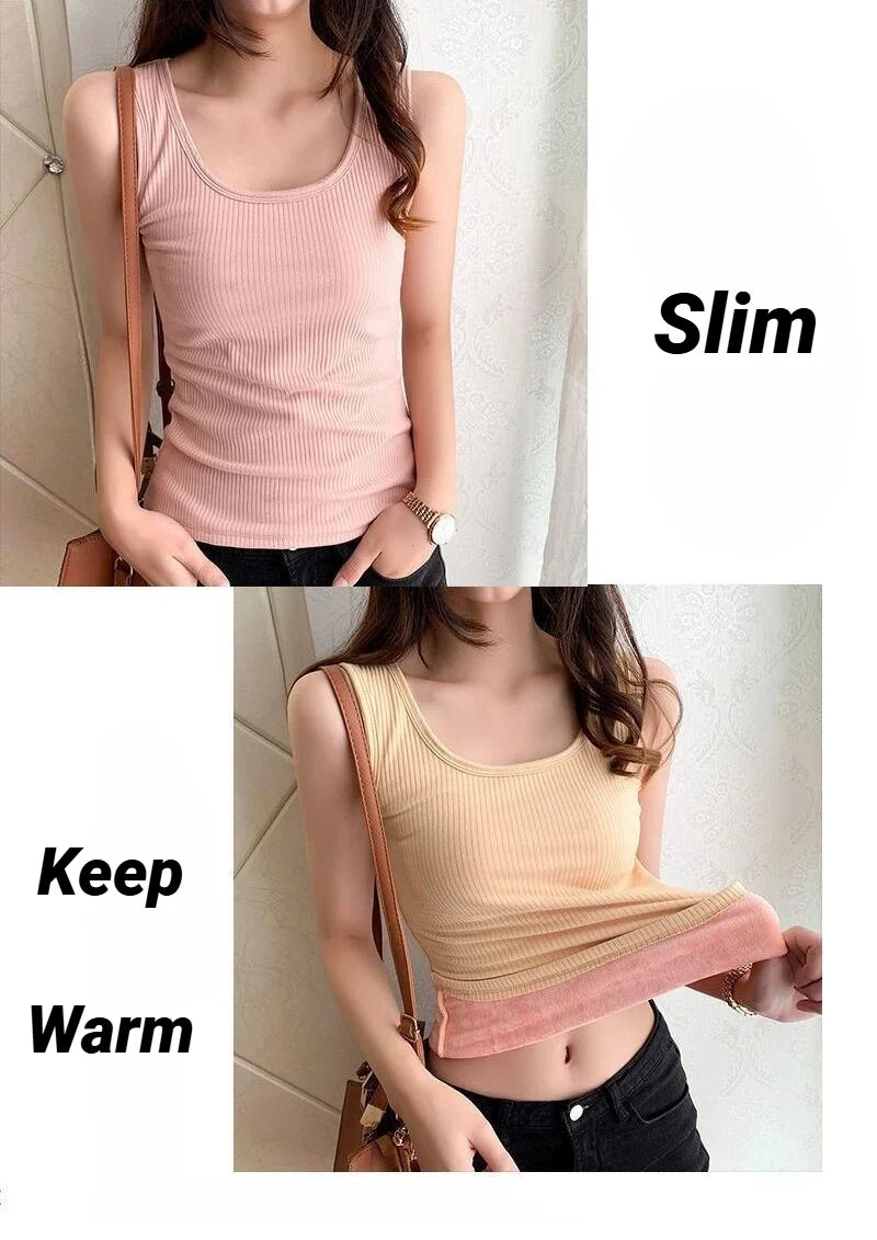 Women'S Winter Thermal Underwear Top Seamless Plus Velvet Shirt Sleeveless Vest Warm Female Undershirt Solid Color Sexy Lingerie