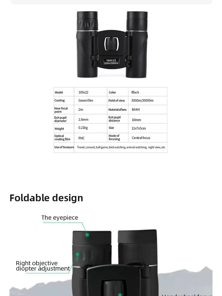 100X22 High Magnification High-Definition Binoculars, Mini Portable Outdoor Travel Professional Telescope