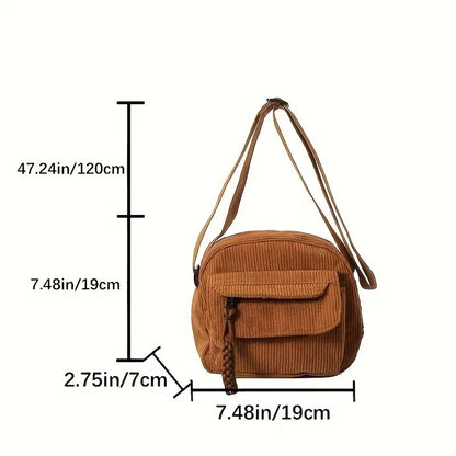 Corduroy Crossbody Bag for Women Casual Harajuku Style Zipper Closure Adjustable Strap Multi Pockets Polyester Lining Beige