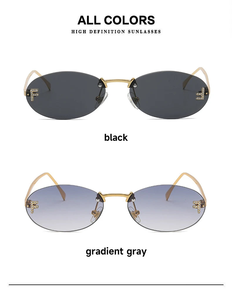 Fashion Rimless Sunglasses Women UV400 Oval Elegant Diamond F Sun Glasses Retro Eyewear
