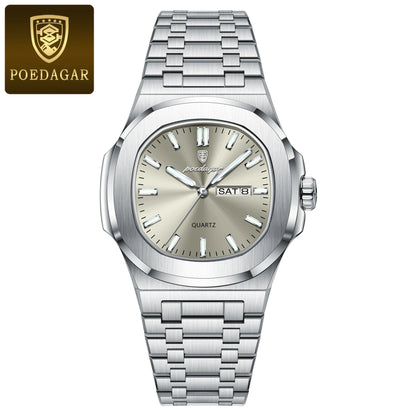 POEDAGAR Square Luxury Men's Wristwatch Luminous Waterproof Stainless Steel Male Clock Week Date Original Quartz Watches For Men