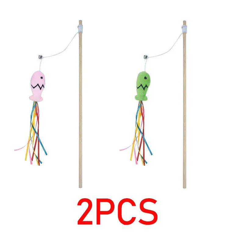 Fashion Cat Wand Toy Natural WoodenTeaser Wand for Cat Interactive Elastic String Cat Stick Pole Toy for Indoor