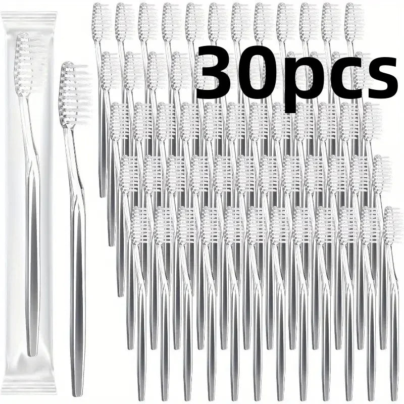 30 Individually Packaged Disposable Travel Toothbrushes, Soft Hair Toiletries for Adults, Camping, Hotel Guests (Silver)