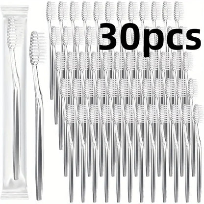 30 Individually Packaged Disposable Travel Toothbrushes, Soft Hair Toiletries for Adults, Camping, Hotel Guests (Silver)