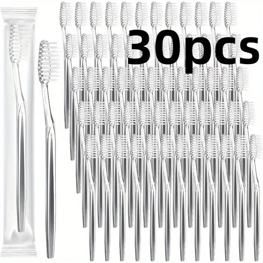 30 Individually Packaged Disposable Travel Toothbrushes, Soft Hair Toiletries for Adults, Camping, Hotel Guests (Silver)