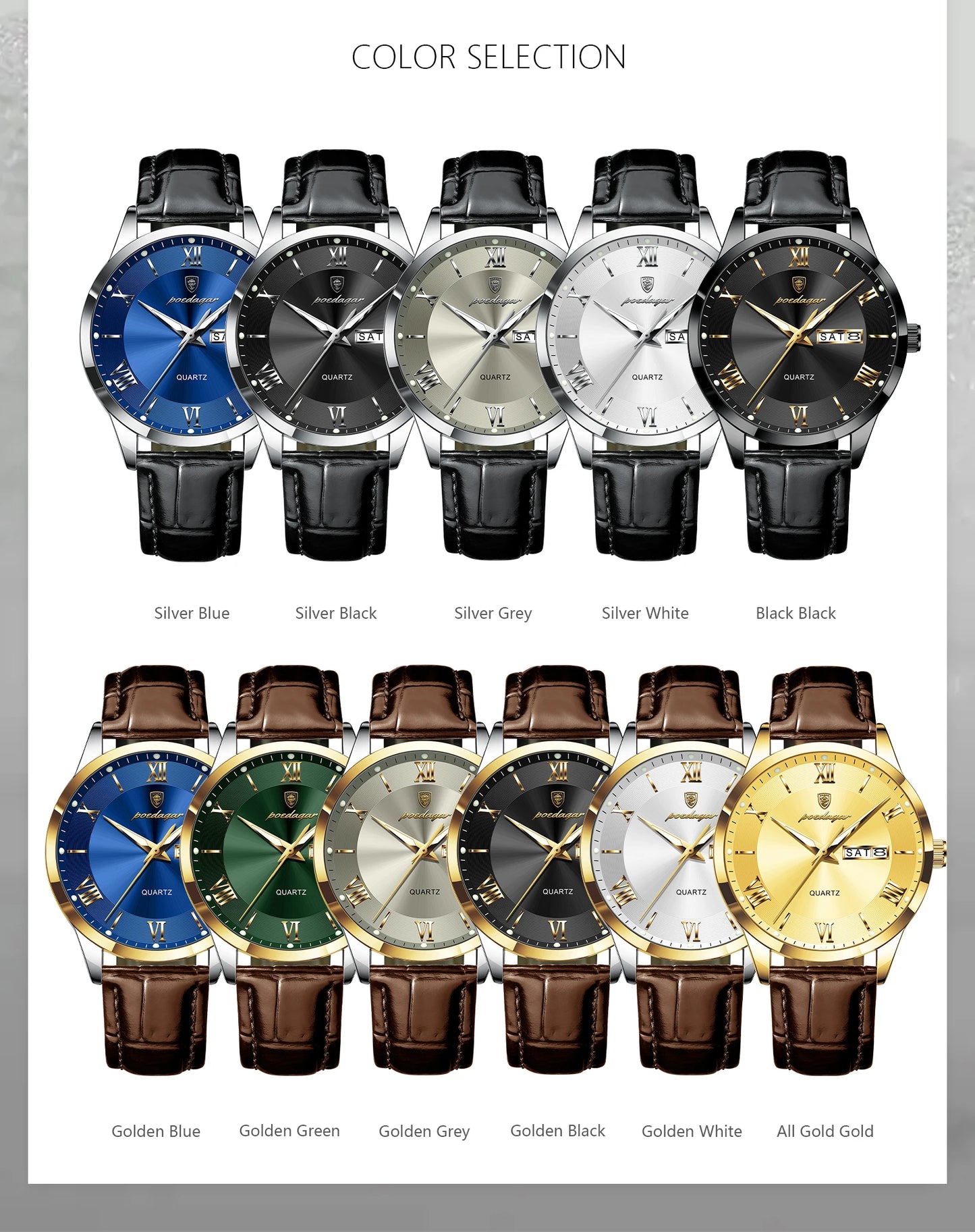 POEDAGAR Business Brand Men Clock Waterproof Luminous Date Week Fashion Man Wristwatch Leather Luxury Men's Quartz Watches Reloj