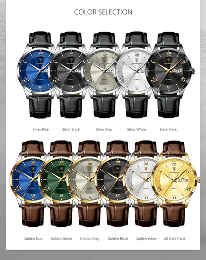 POEDAGAR Business Brand Men Clock Waterproof Luminous Date Week Fashion Man Wristwatch Leather Luxury Men's Quartz Watches Reloj
