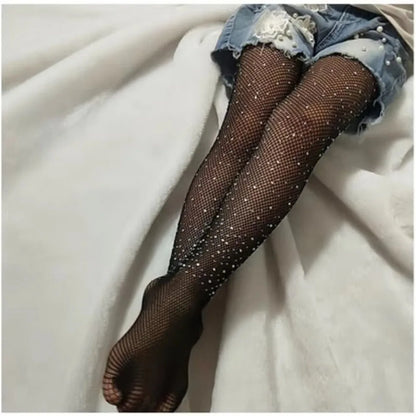 Child Fish Net Rhinestone Stretchy Tight Performance Costume Fishnet Legging Princess Baby Girls Shining Diamonds Mesh Pantyhose