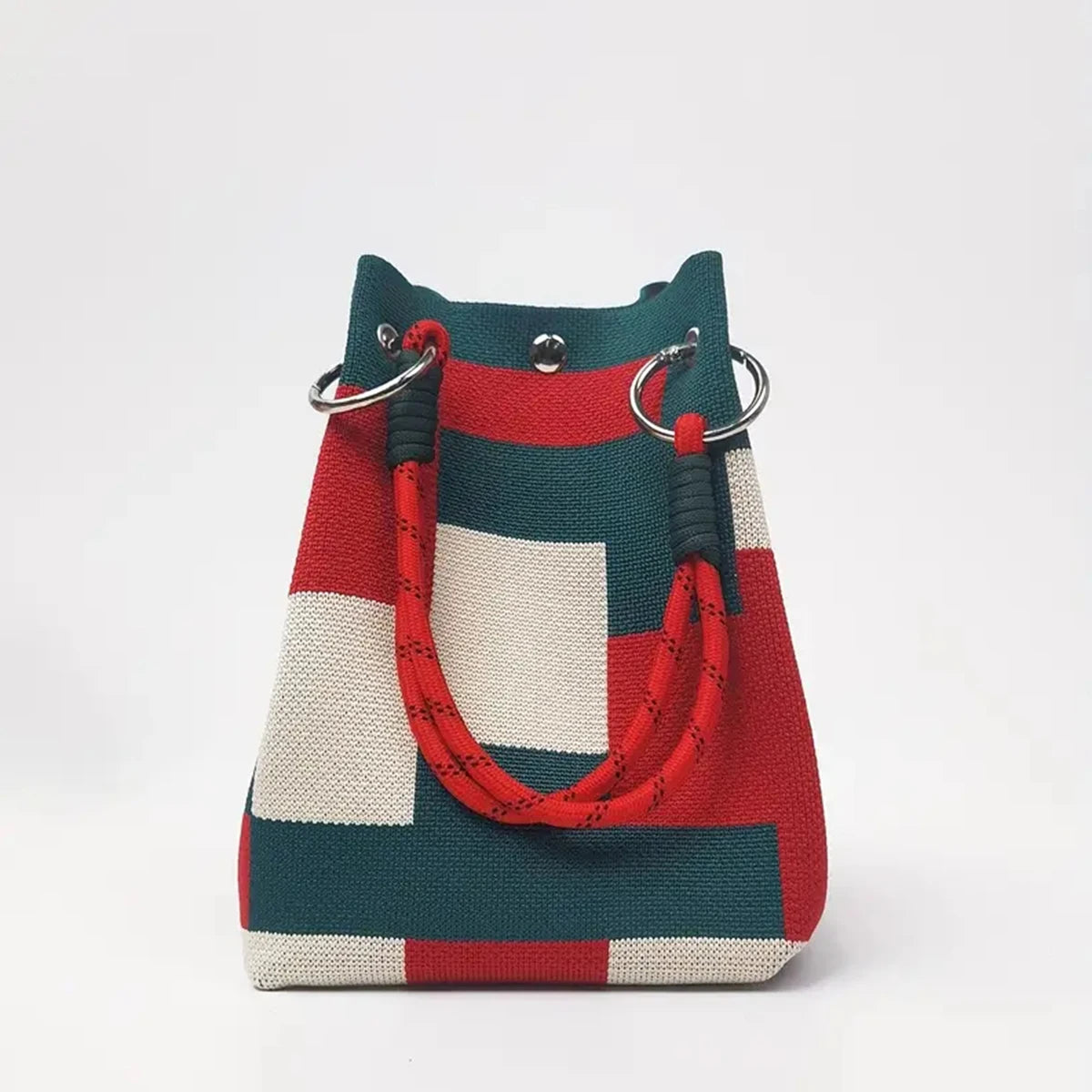 This multi-color knitted retro bucket handbag is simple and color-blocked, versatile and easy to carry with you