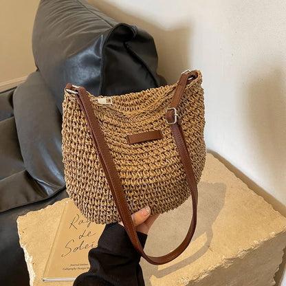 Straw woven bag, single shoulder, women's fashionable weaving, ins style, seaside beach, crossbody bag for women