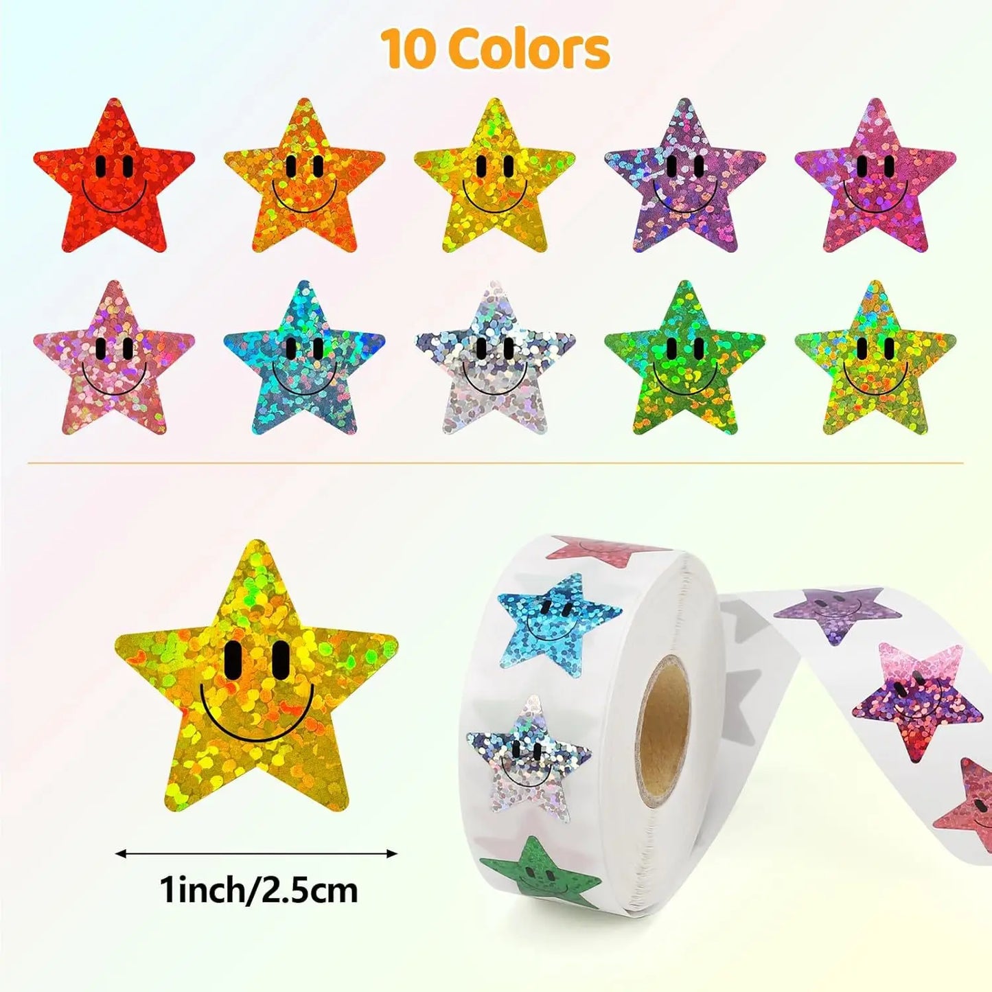 500 Pcs Smile Face Stickers Roll Laser Colorful Happy Face Sticker for Classroom Back to School Birthday Teacher Reward,1inch
