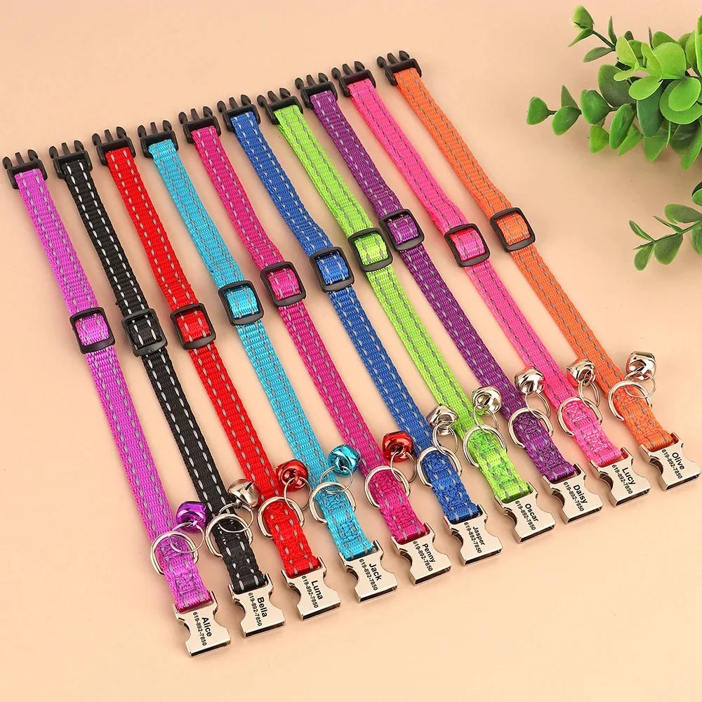 Personalized Name Cat Collar Reflective Nylon Dog Cats ID Collar With Bell Engraving Name for Small Cats Dogs Chihuahua 6 Colors