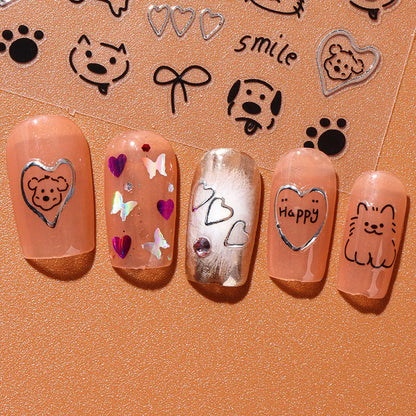 2pcs 3D Cute Silver Smile Dog Decals Y2K Cartoon Cat Footprint Nail Stickers Graffiti Star Heart Bowknot Manicure Slider Decor