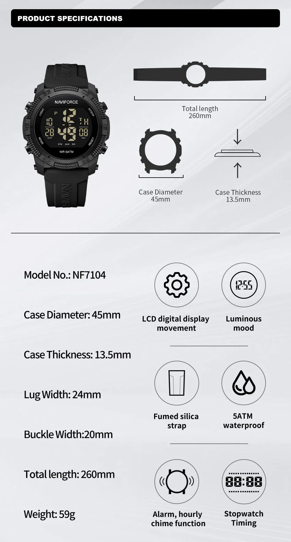 NAVIFORCE 7104 Sports Men's LCD Digital Leisure Date Week Alarm Clock Waterproof Silicone Strap Electronic Watch électronique