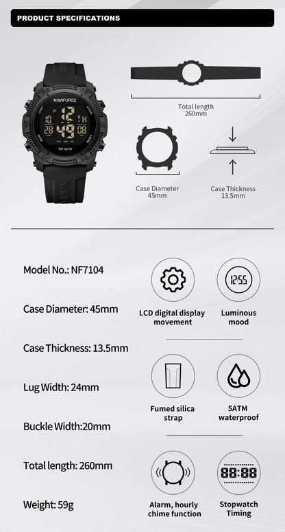 NAVIFORCE 7104 Sports Men's LCD Digital Leisure Date Week Alarm Clock Waterproof Silicone Strap Electronic Watch électronique