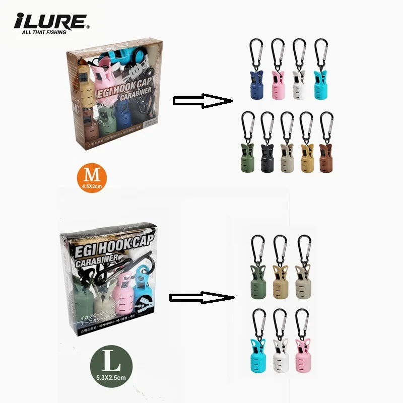 L+M Size Squid Jig Protector Set Octopus Egi Hook Cover Cuttlefish Umbrella Lure Cap Wood Shrimp Bait Tackle with Carabiner
