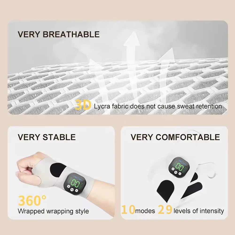 EMS Electric Hand Wrist Massager 10 Mode Vibration Massage 29 Levels Massage Hands Rechargeable Wrist Brace Protector Wrap