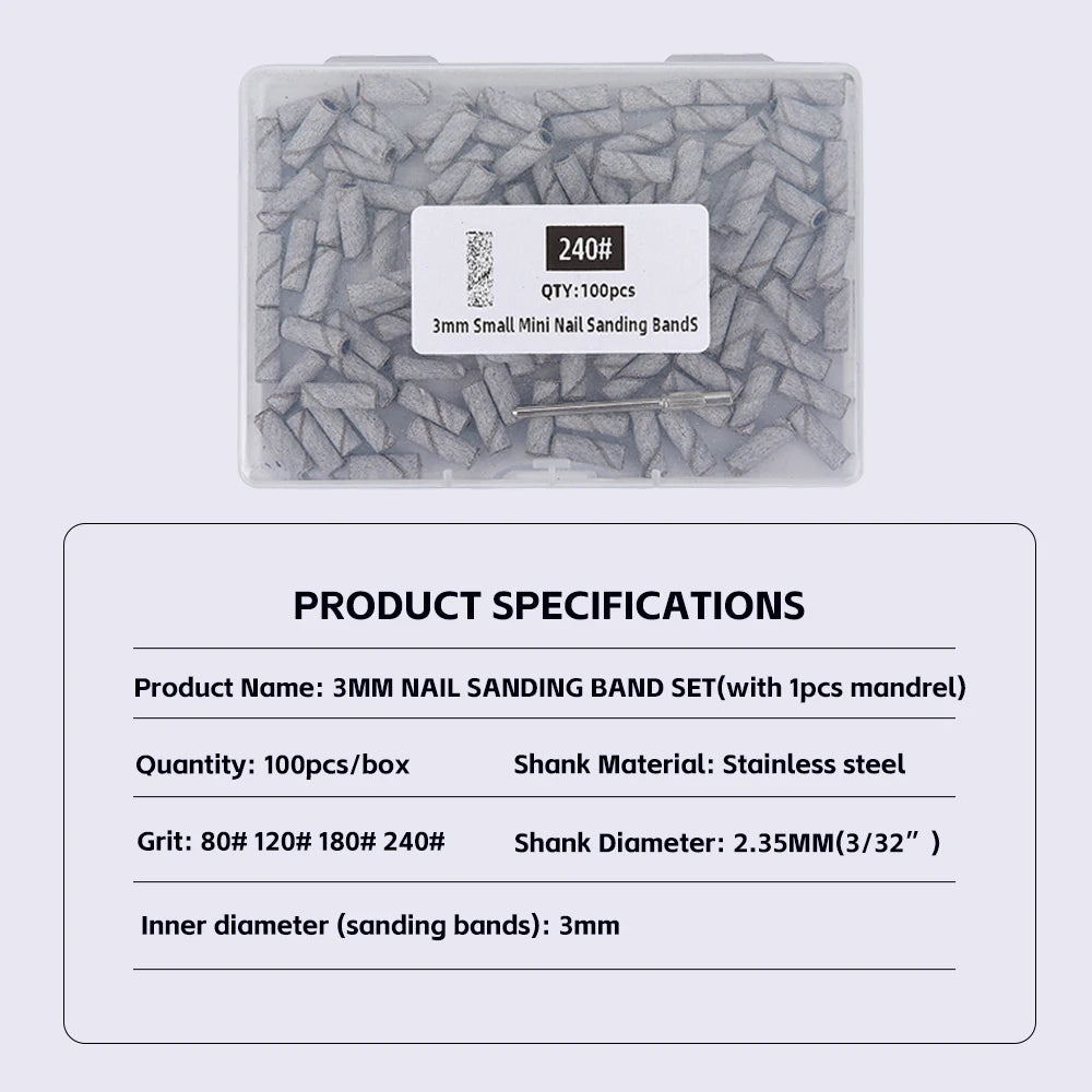 3mm Nail Sanding Bands-80/120/180/240 Grit Mini Nail Drill Bit Electric Nail File Accessory Polishing Manicure Tool 50/100pcs