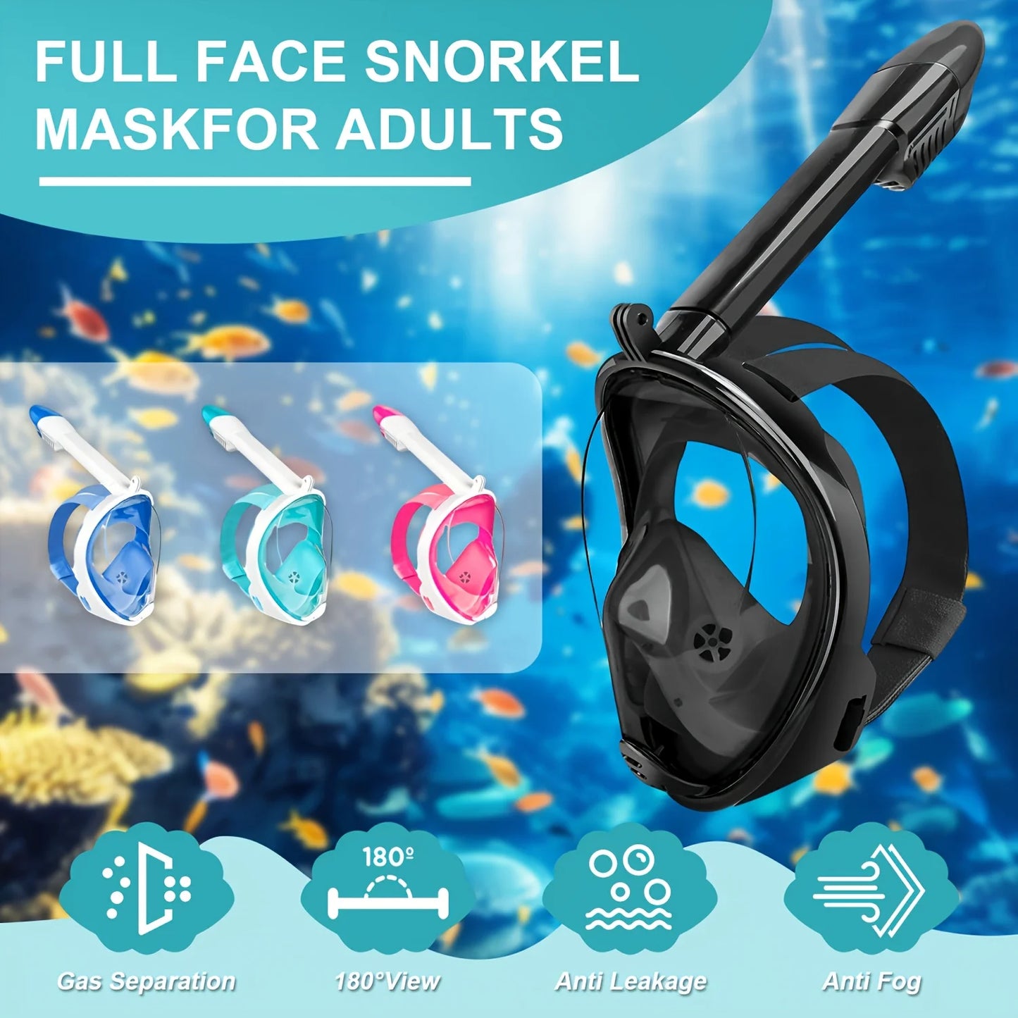 XIAOTREE Full-face snorkeling mask with removable camera mount (camera not included), anti-fog and leak-proof view