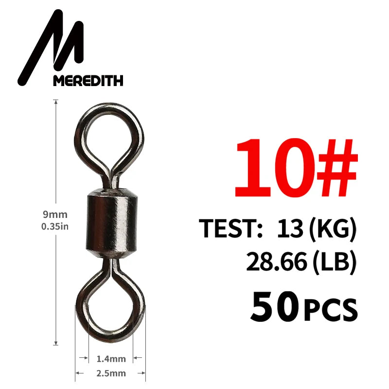 MEREDITH 50PCS/Lot Fishing Swivel Sizes Solid Connector Ball Bearing Snap Fishing Swivels Rolling Stainless Steel Beads