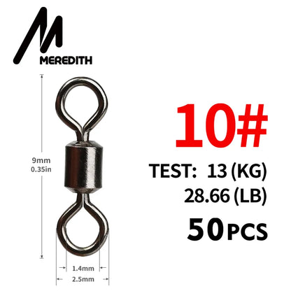MEREDITH 50PCS/Lot Fishing Swivel Sizes Solid Connector Ball Bearing Snap Fishing Swivels Rolling Stainless Steel Beads