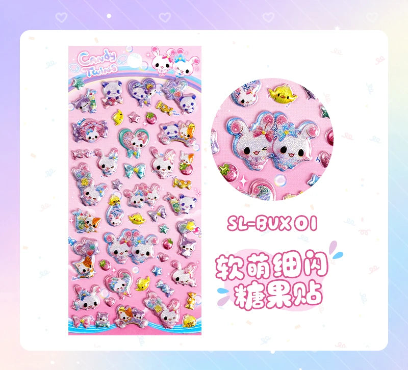 3 pcs/6 pcs Sweet Candy Pets Cat Coffee Cakes Flash Puffy 3D Stickers Scrapbooking Diy Diary Stationery Stickers School Supplies