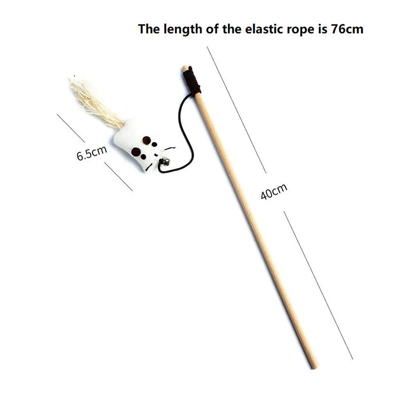 Fashion Cat Wand Toy Natural WoodenTeaser Wand for Cat Interactive Elastic String Cat Stick Pole Toy for Indoor