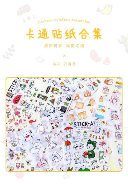 6Pcs/Lot Waterproof Cartoon Transparent Pvc Stickers DIY Hand Account Diary Decorative Stickers Kawaii Phone Cup Stickers
