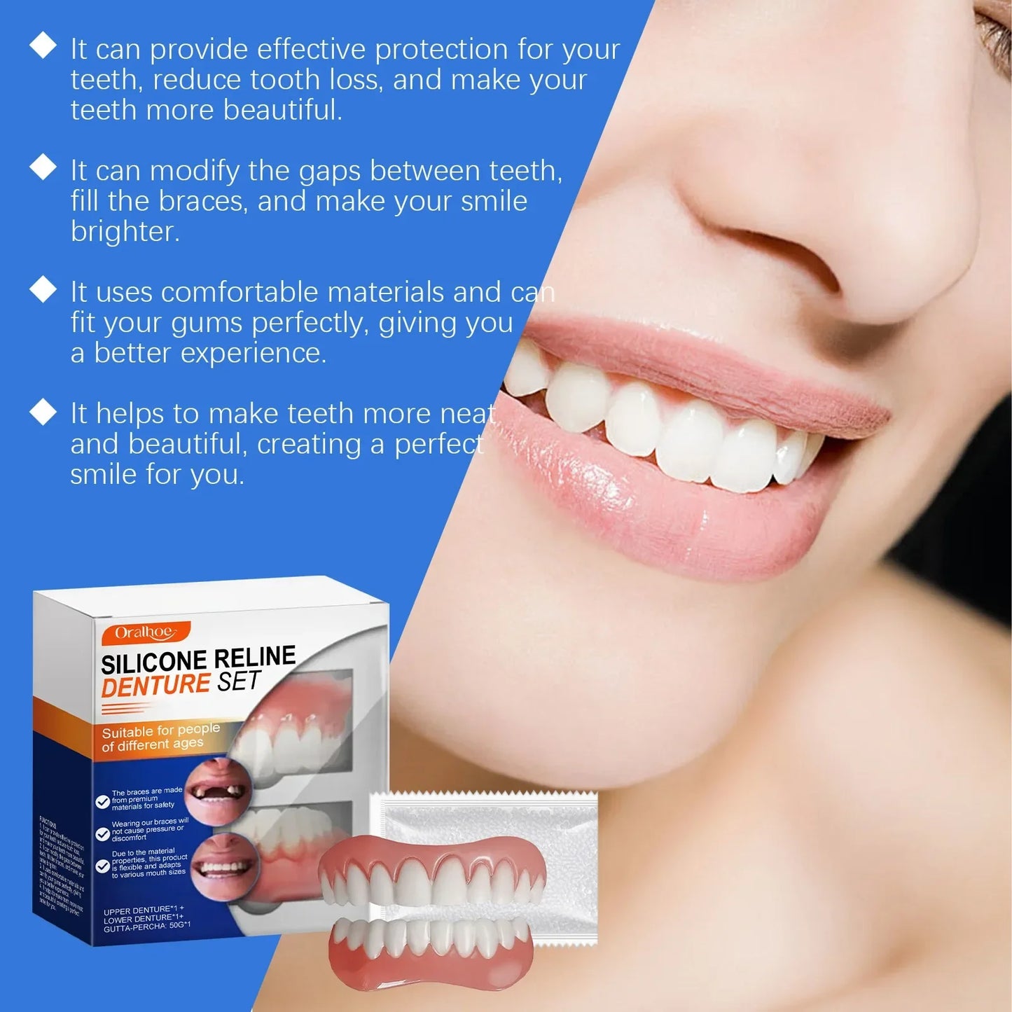 Flexible Silicone Dental Liner Kit, Soft Comfort Upper Lower Denture Set, Practical Easy Wear Braces for Daily Use