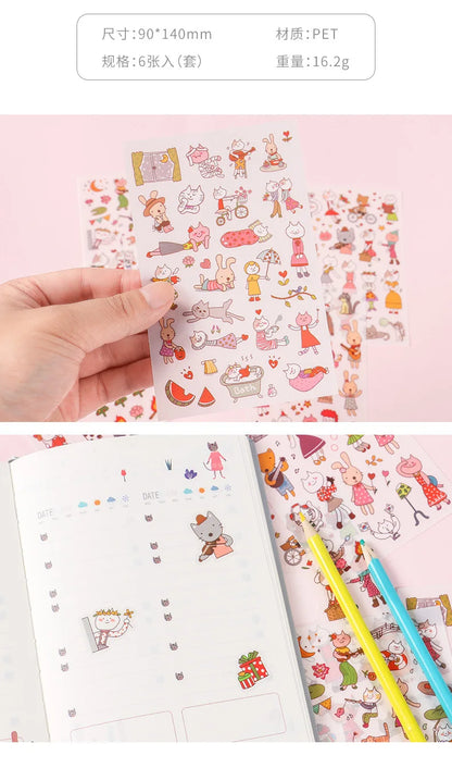 6Pcs/Lot Waterproof Cartoon Transparent Pvc Stickers DIY Hand Account Diary Decorative Stickers Kawaii Phone Cup Stickers