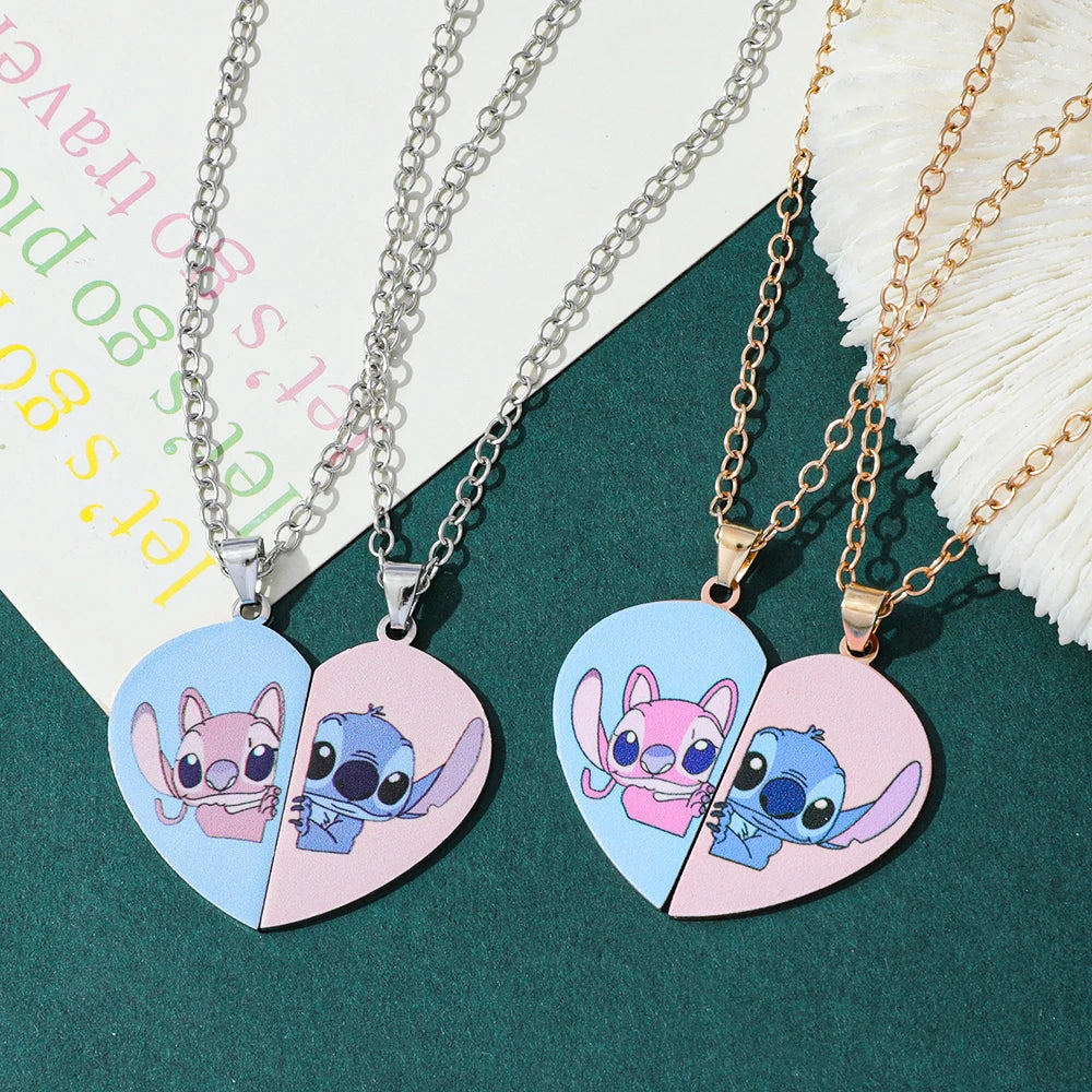 Couple's Stitch Heart Necklace - Gold & Silver Angel And Stitch Cute Style Jewelry Pendant Gift for Girls