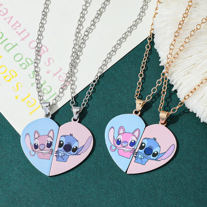Couple's Stitch Heart Necklace - Gold & Silver Angel And Stitch Cute Style Jewelry Pendant Gift for Girls