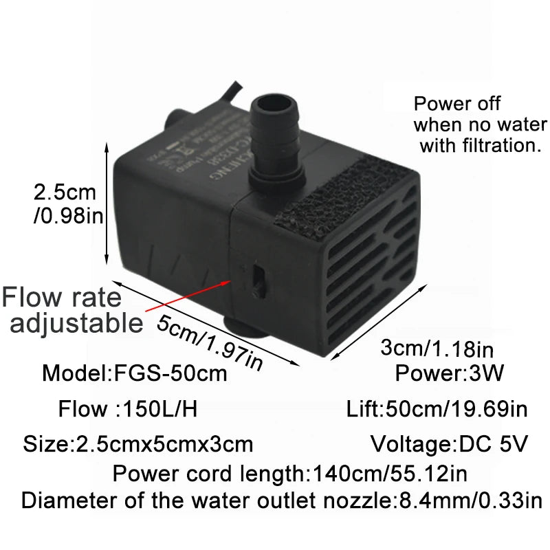 Ultra Quiet USB Aquarium Fish Tank Filtration Pump Mini Pet Fountain Submersible Adjustable Flow Water Circulation Pump 5V