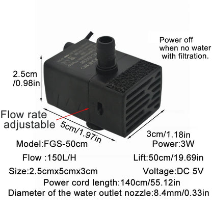 Ultra Quiet USB Aquarium Fish Tank Filtration Pump Mini Pet Fountain Submersible Adjustable Flow Water Circulation Pump 5V